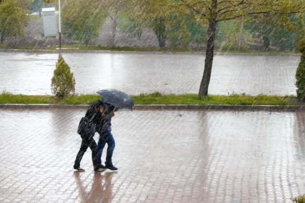 雨の中傘をさして歩く人